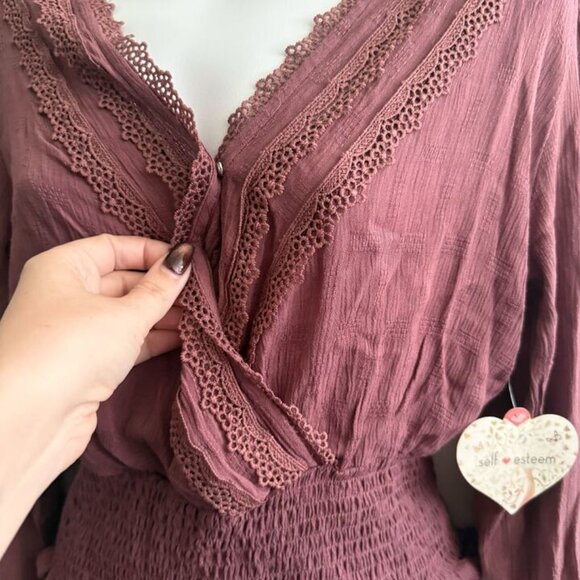 NWT Self Esteem Boho Blouse | Lace Trim Smocked Waist Top | Size M - Picture 8 of 12